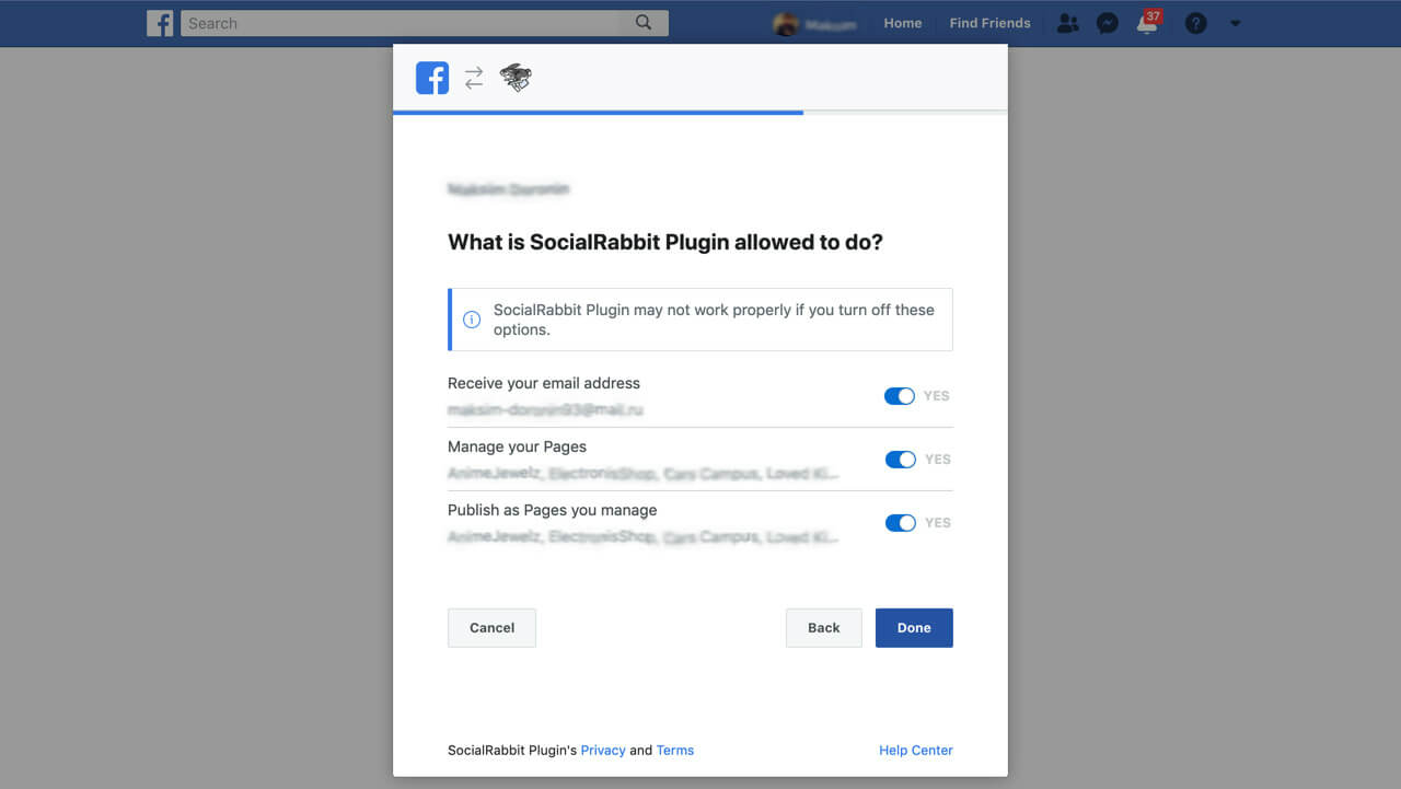 Facebook authorization For WordPress Social Rabbit Plugin