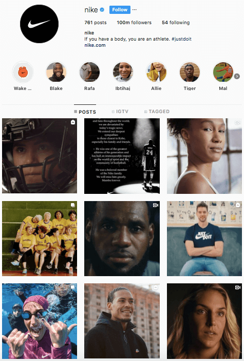 Nike account on Instagram is filled with several different types of posts