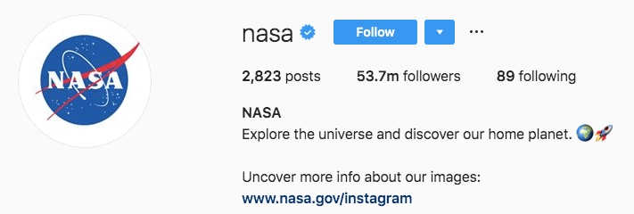 The screenshot shows a great example of a clear, informative, and engaging Instagram bio - NASA company