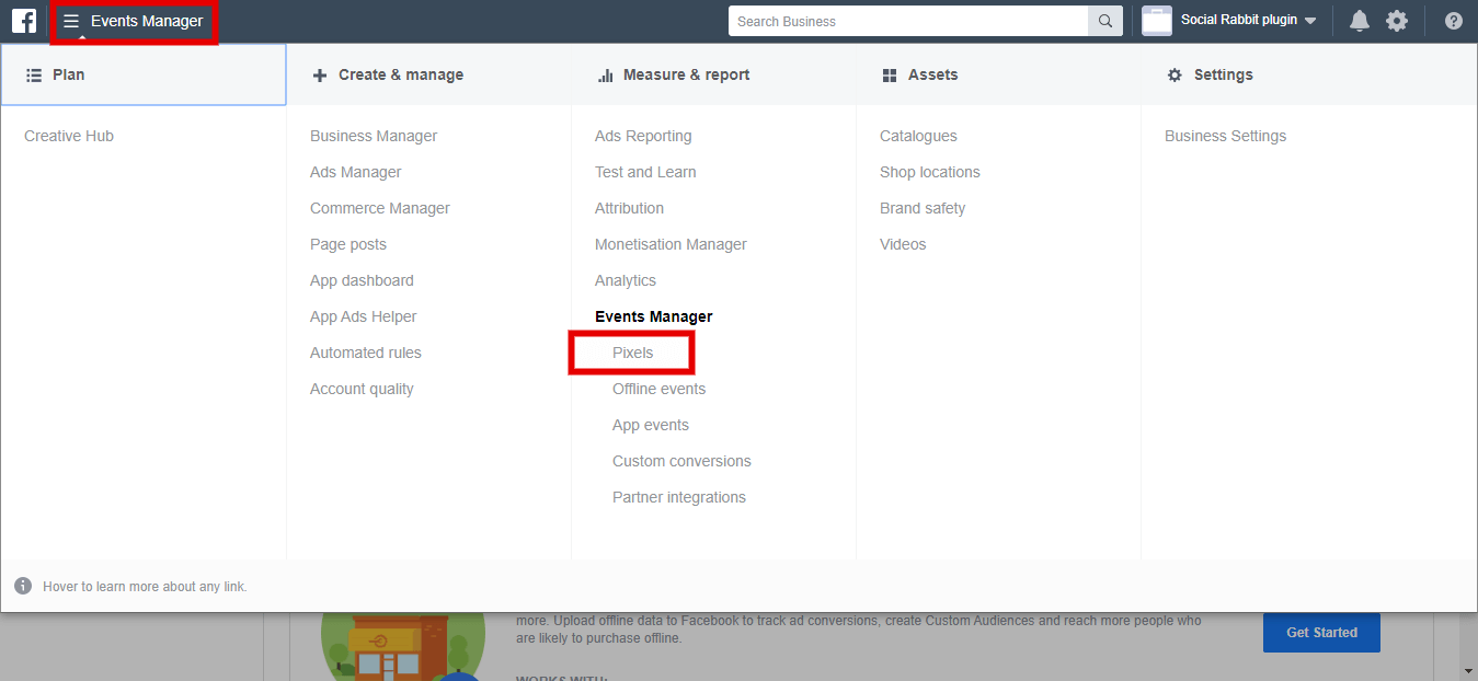 To find Pixel code, go to the Facebook Business Manager