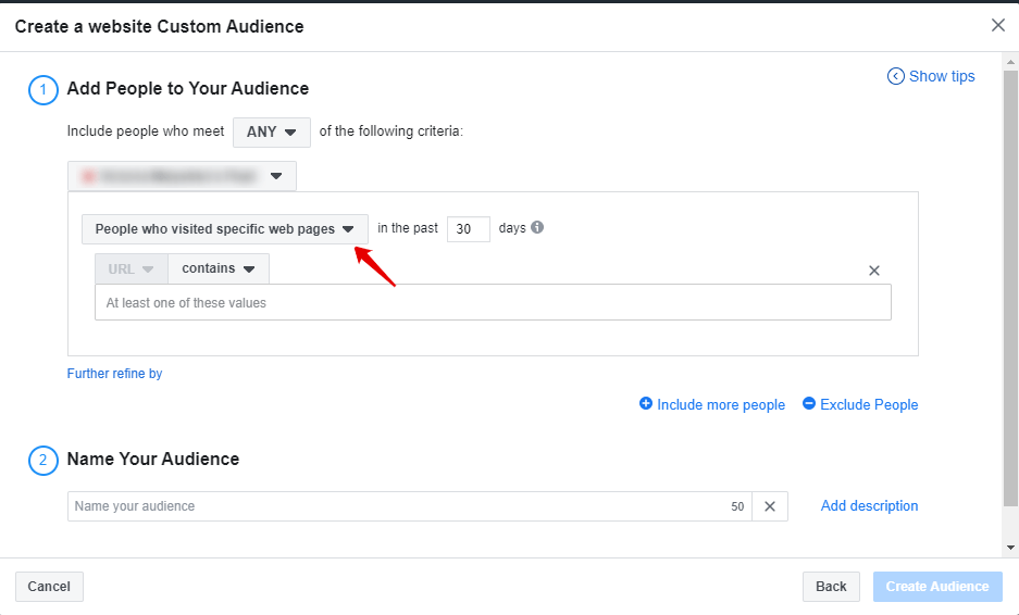 Set it up by choosing and specifying the pages you need in the “People who visited specific web pages”