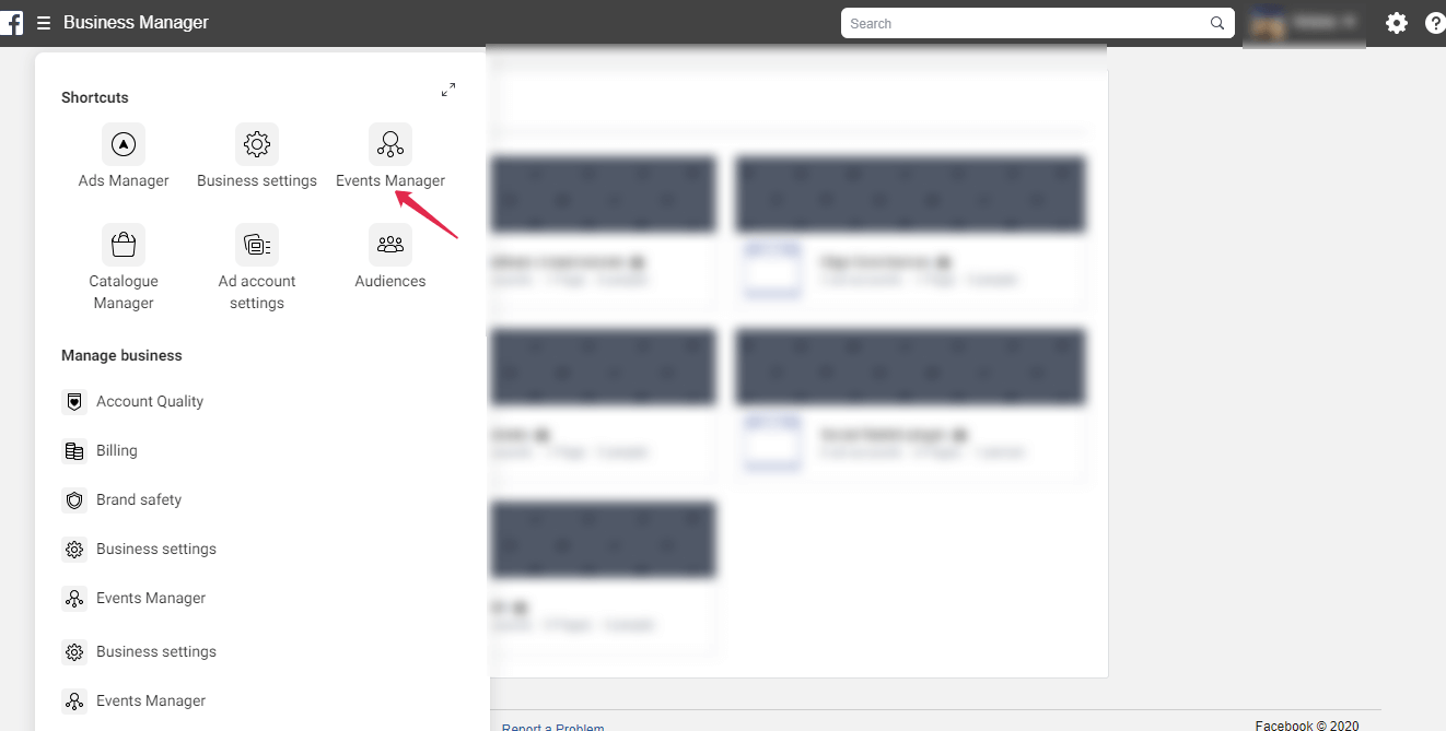 In your Facebook Business account, there is Event Manager. Click on it.