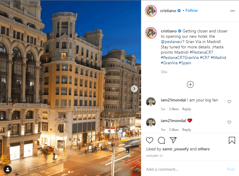 What is more interesting, CR7 also owns the hotel chain around the world.