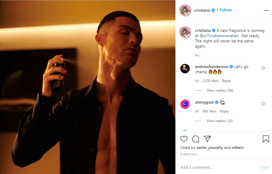 On his account. Cristiano promotes his own brand – CR7