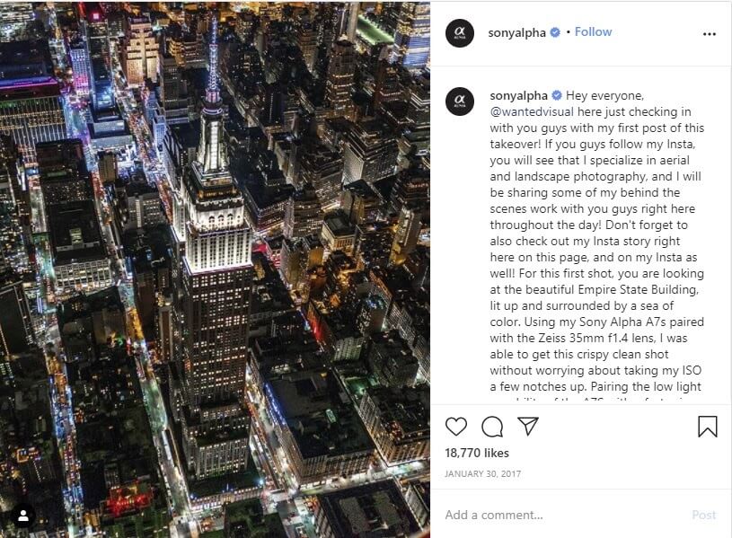 Sony Alpha compines user-generated method with takeover to creat engaging content for its Instagram account.