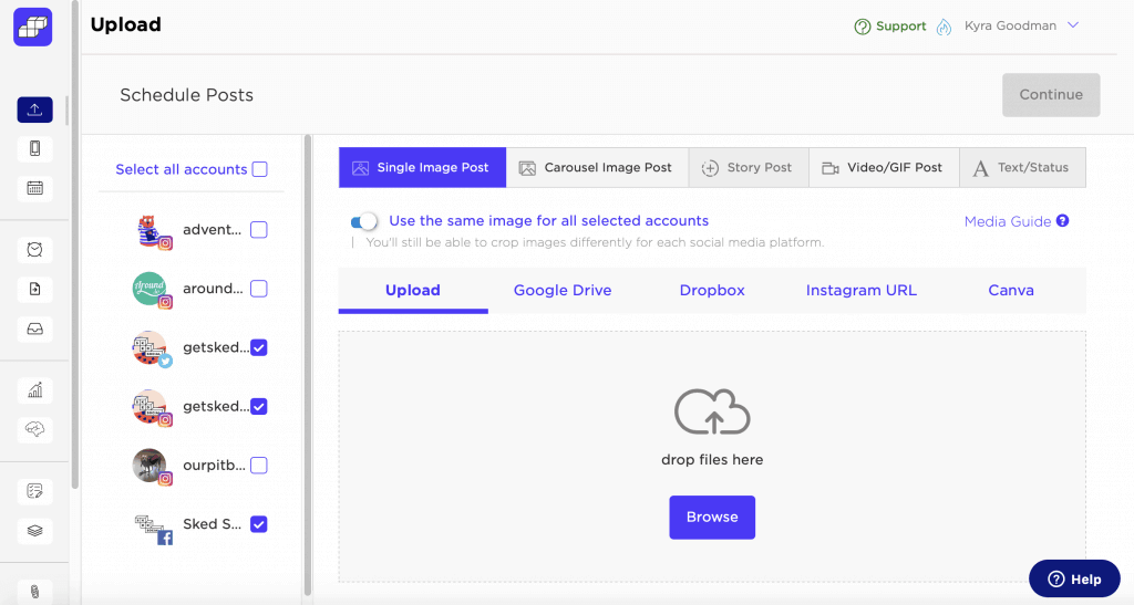 The next tool for Instagram on our list is Sked Social. It allows users to post scheduled content in a simple and convenient way.