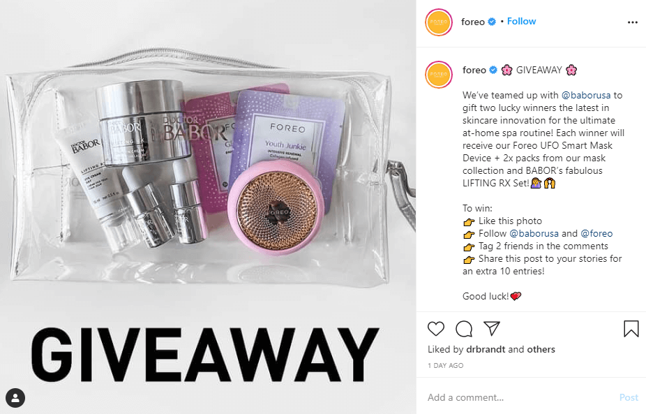 A fullproof idea to gain more likes and even grow the number of followers is running a like-to-win giveaway as it did the Foreo company