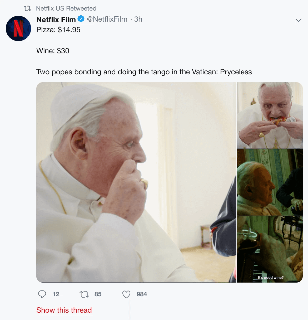 Netflix retweets from one of its own account’s mentioning the scene from “Two popes”. 