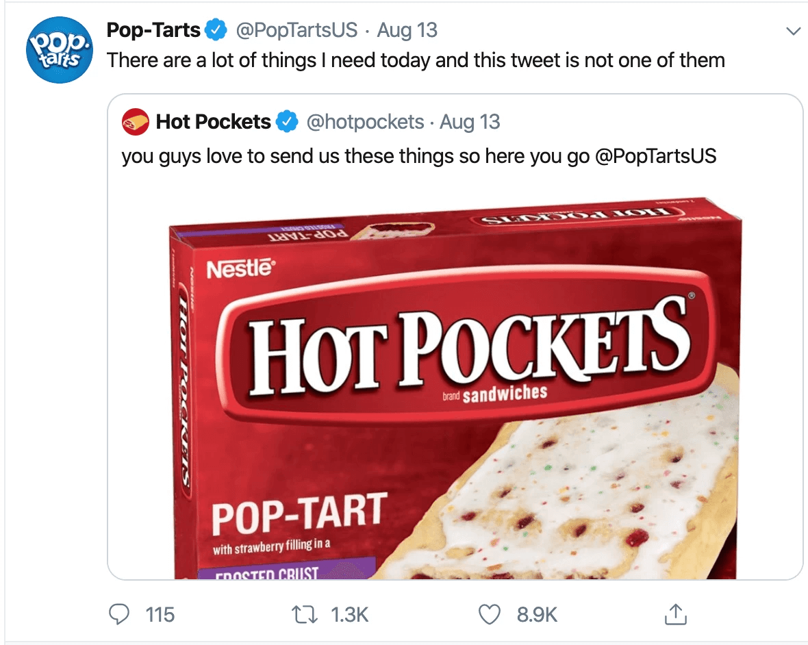Another example of how Pop-Tarts interacts with other brands to boost brand engagement on Twitter